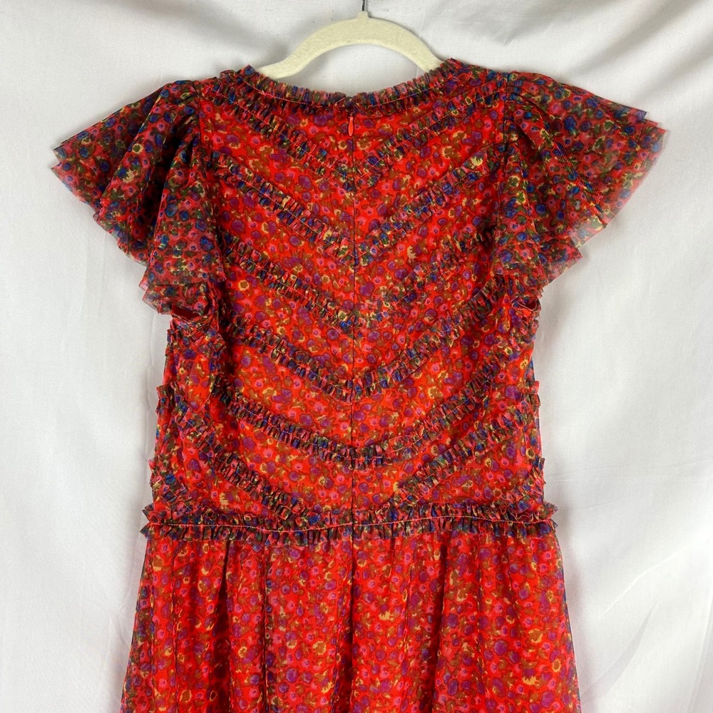 Boden Red Floral Tulle Maxi Dress Ruffle V-Neck Flutter Sleeve US 6 Party Event - Picture 5 of 8